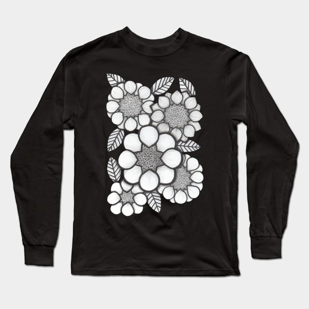 Flowers, stylised black and white daisies Long Sleeve T-Shirt by krisevansart